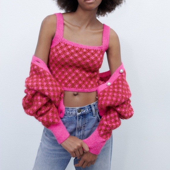 NWT Zara Pink Check Knit Wool Blend Crop Top Size S - Picture 7 of 12